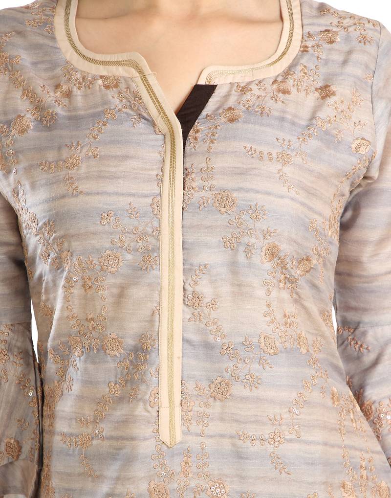women Straight Embroidered Silk Beige Kurti