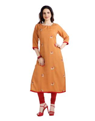 women Straight Embroidered Polyester Red Kurti 1