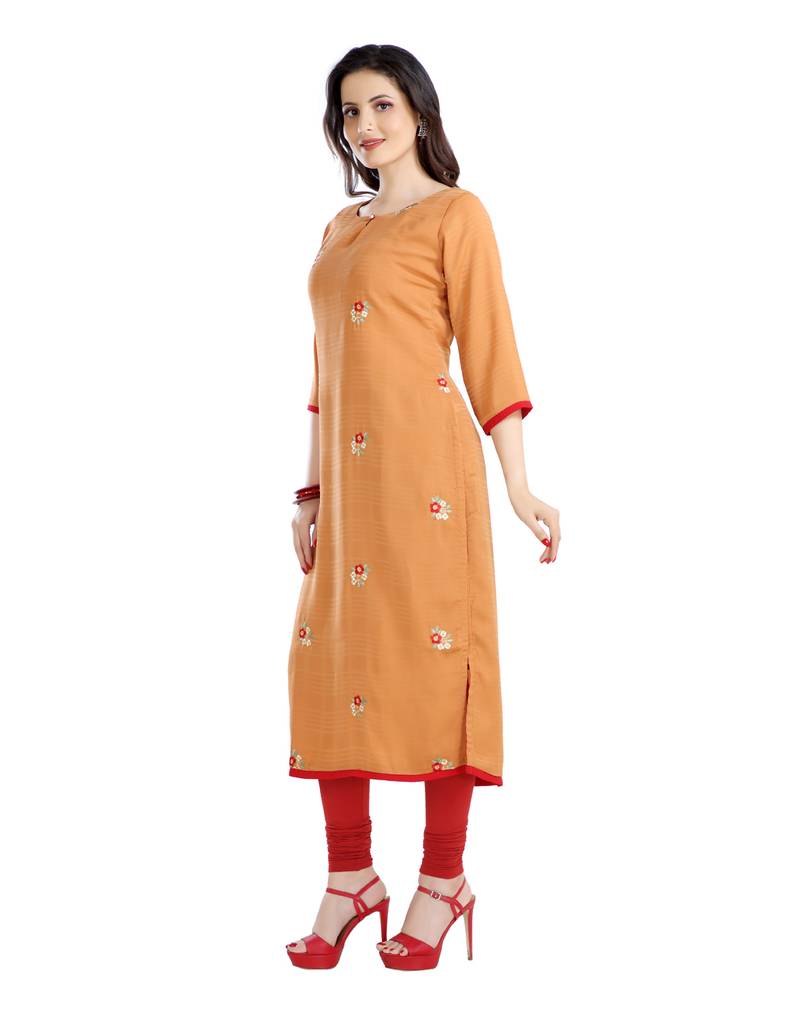women Straight Embroidered Polyester Red Kurti