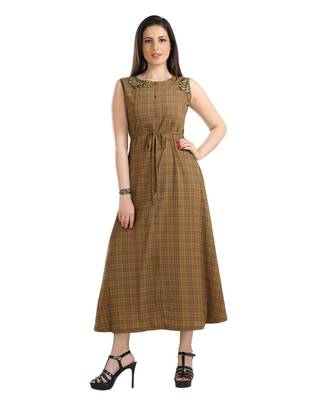 women Straight Embroidered Polyester Brown Kurti 1