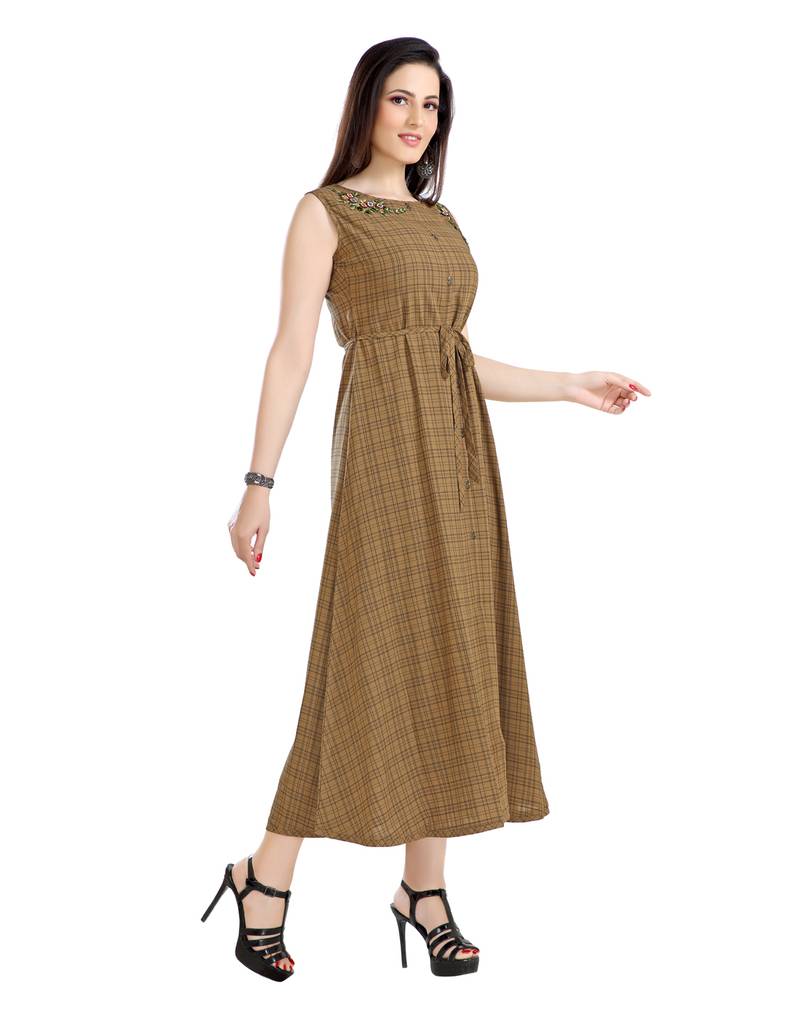 women Straight Embroidered Polyester Brown Kurti