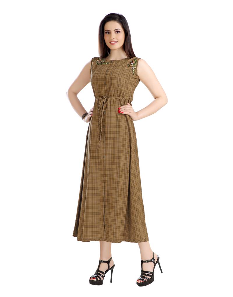 women Straight Embroidered Polyester Brown Kurti