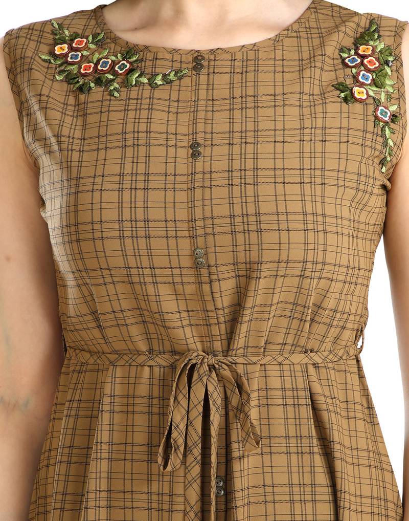 women Straight Embroidered Polyester Brown Kurti