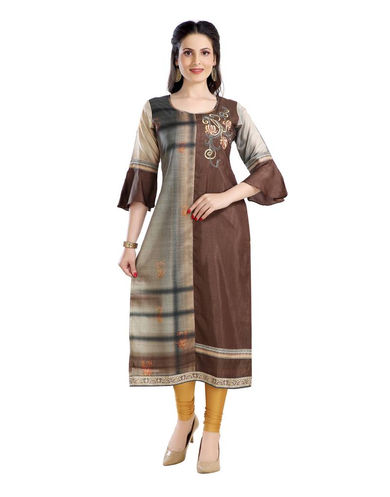women Straight Printed Dupion Silk Brown Kurti