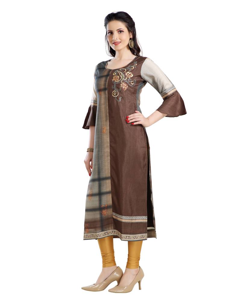 women Straight Printed Dupion Silk Brown Kurti