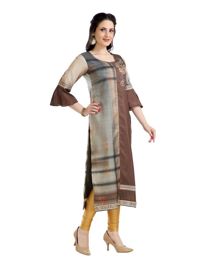 women Straight Printed Dupion Silk Brown Kurti