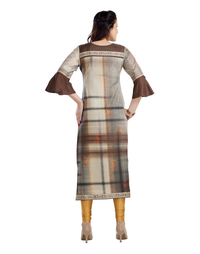 women Straight Printed Dupion Silk Brown Kurti