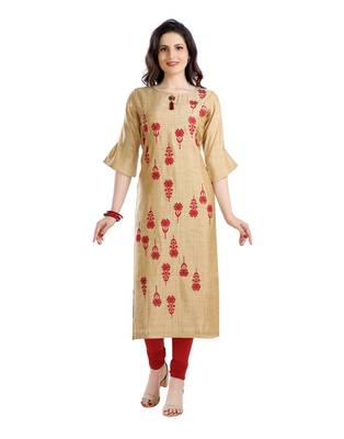 women Straight Embroidered Silk Beige Kurti 1