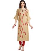 women Straight Embroidered Silk Beige Kurti