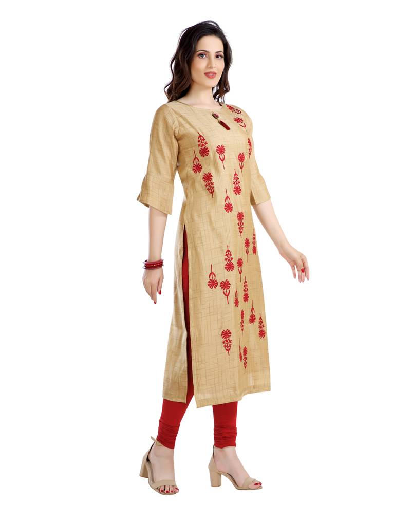 women Straight Embroidered Silk Beige Kurti