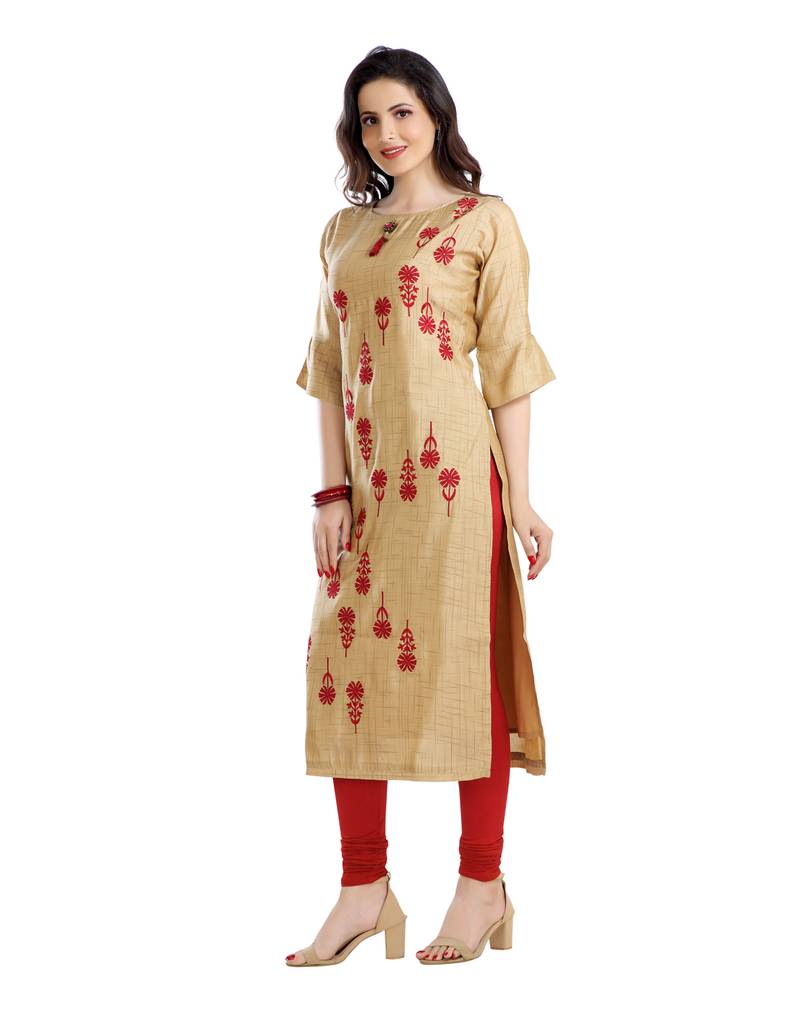 women Straight Embroidered Silk Beige Kurti