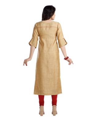 women Straight Embroidered Silk Beige Kurti 4