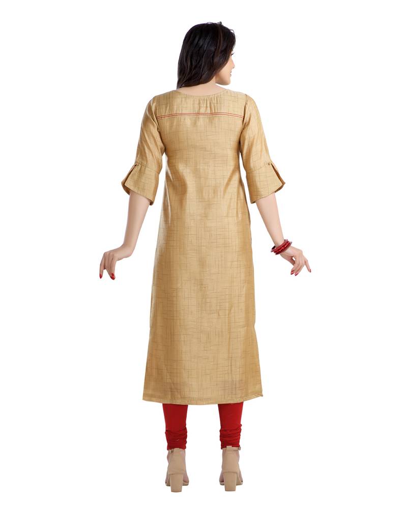 women Straight Embroidered Silk Beige Kurti