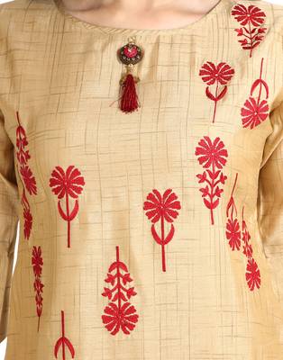 women Straight Embroidered Silk Beige Kurti 5