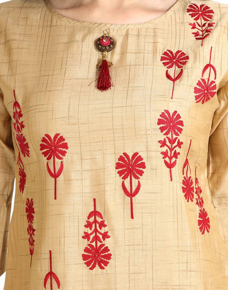 women Straight Embroidered Silk Beige Kurti