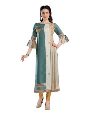 women Straight Embroidered Dupion Silk Green Kurti 1
