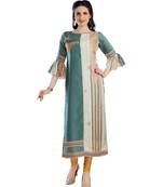 women Straight Embroidered Dupion Silk Green Kurti