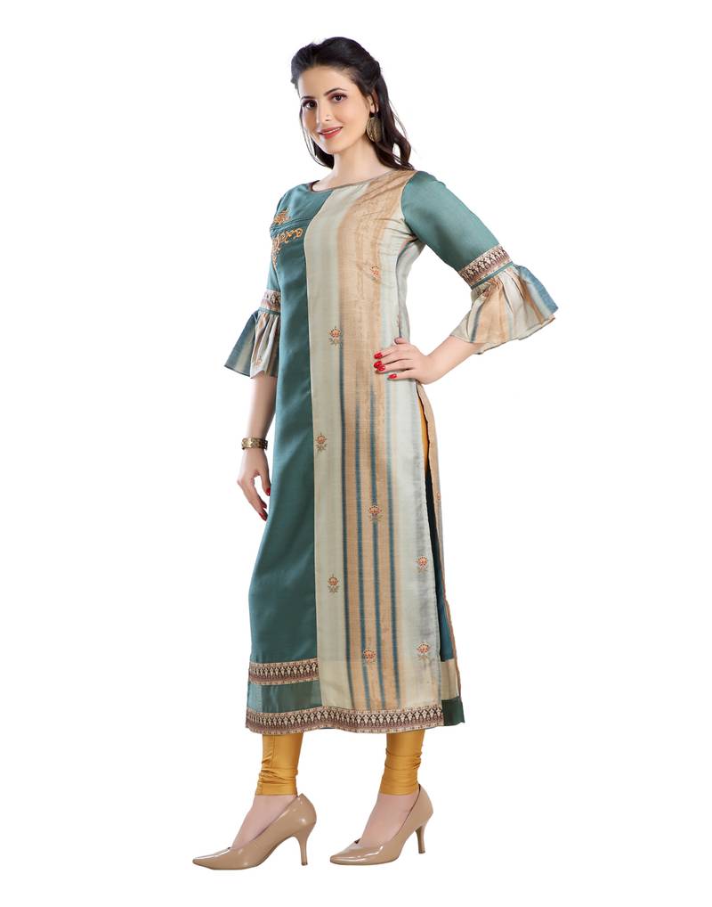 women Straight Embroidered Dupion Silk Green Kurti