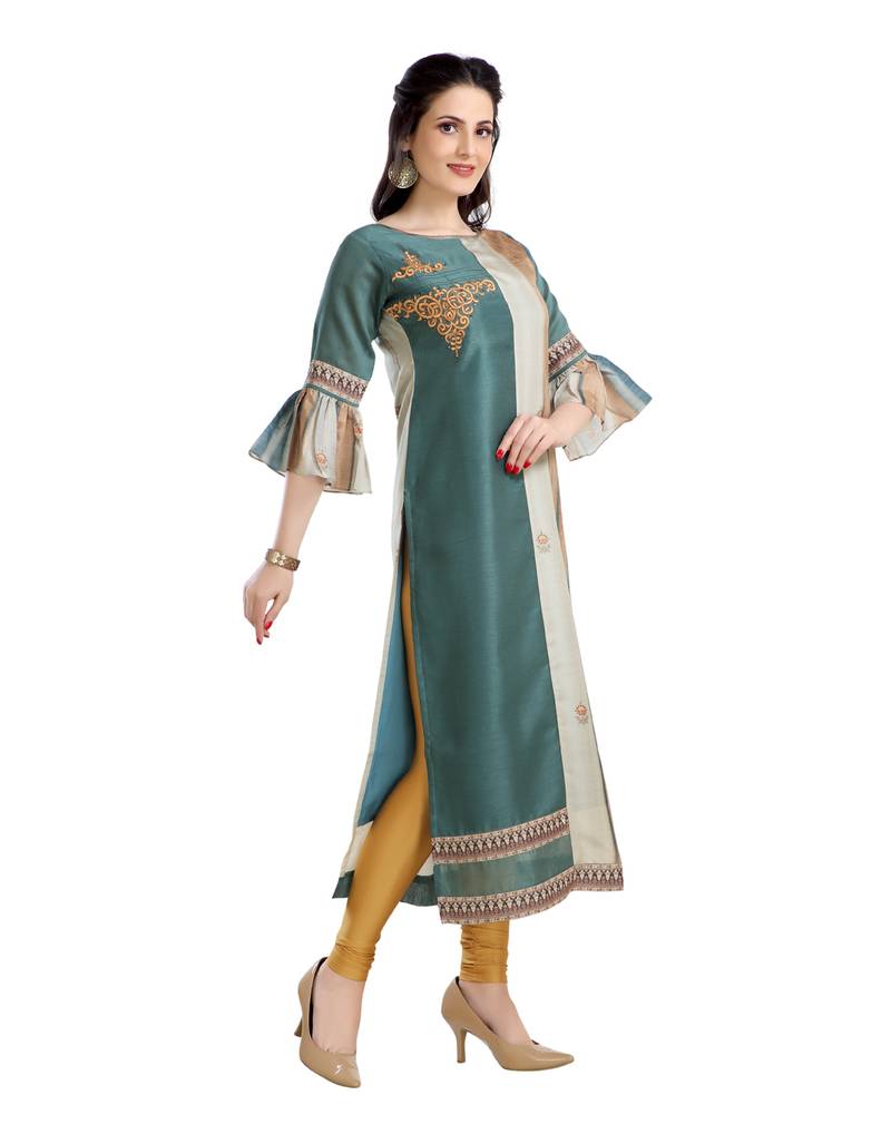 women Straight Embroidered Dupion Silk Green Kurti