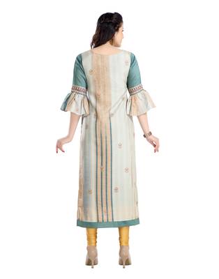 women Straight Embroidered Dupion Silk Green Kurti 4