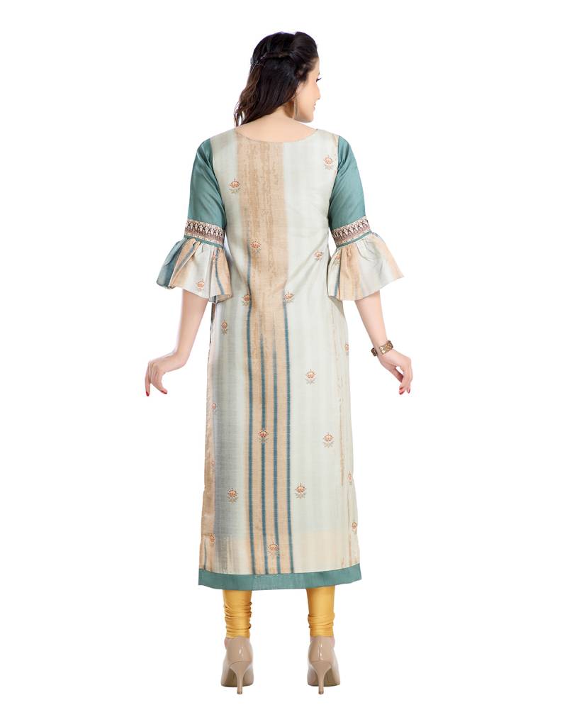 women Straight Embroidered Dupion Silk Green Kurti