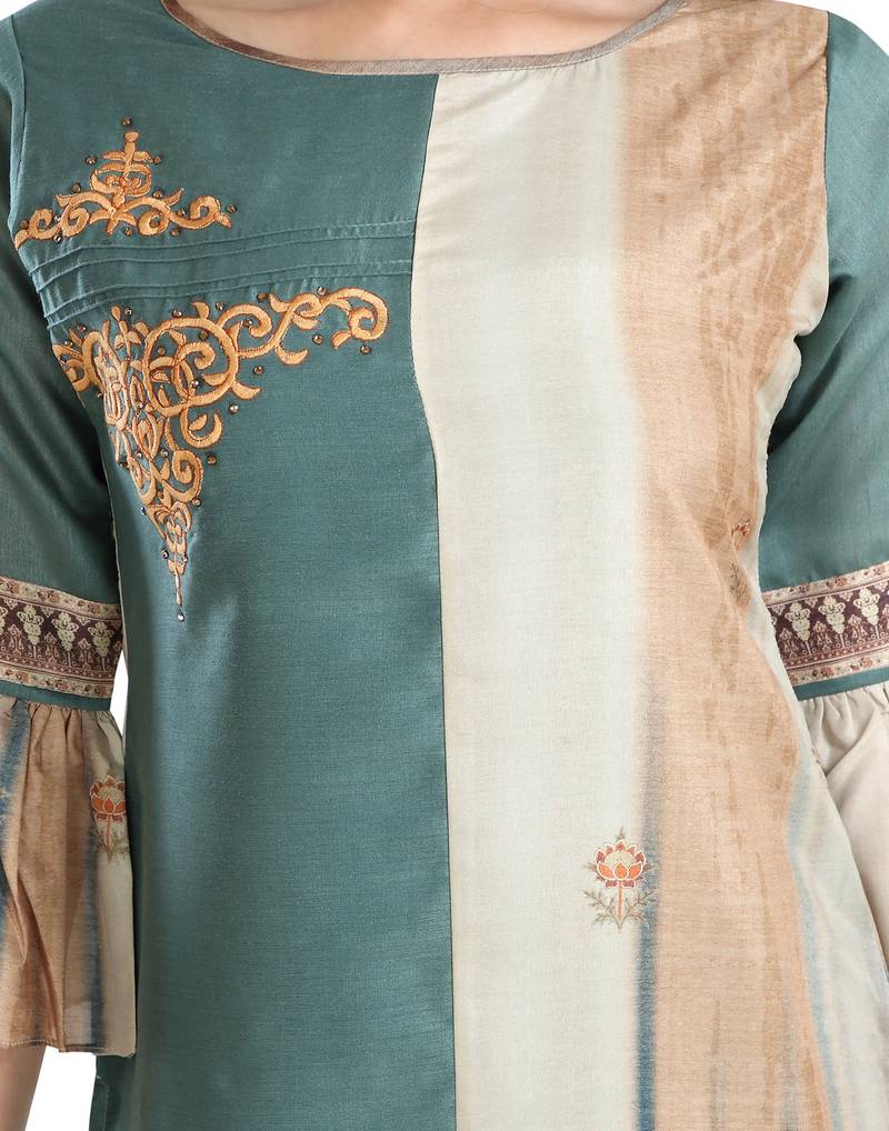 women Straight Embroidered Dupion Silk Green Kurti