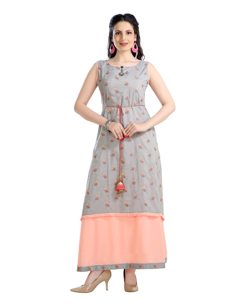 women Straight Embroidered Modal Red Kurti