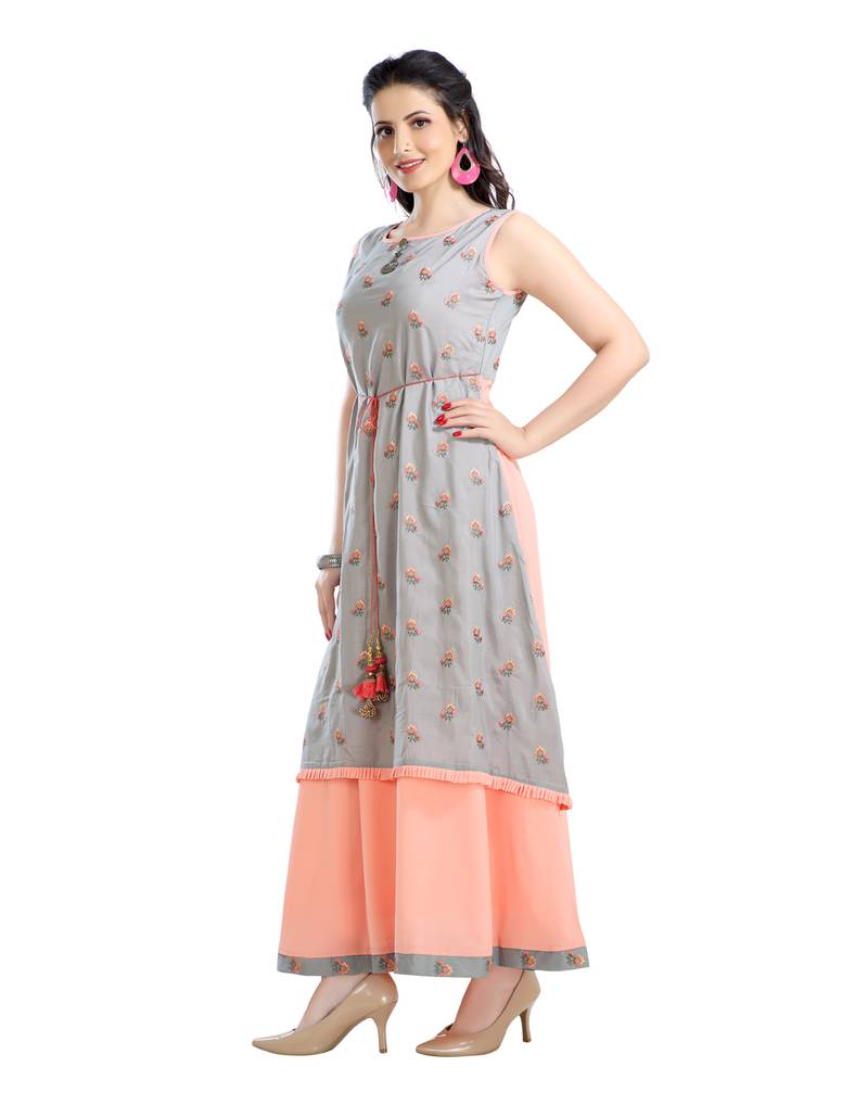 women Straight Embroidered Modal Red Kurti