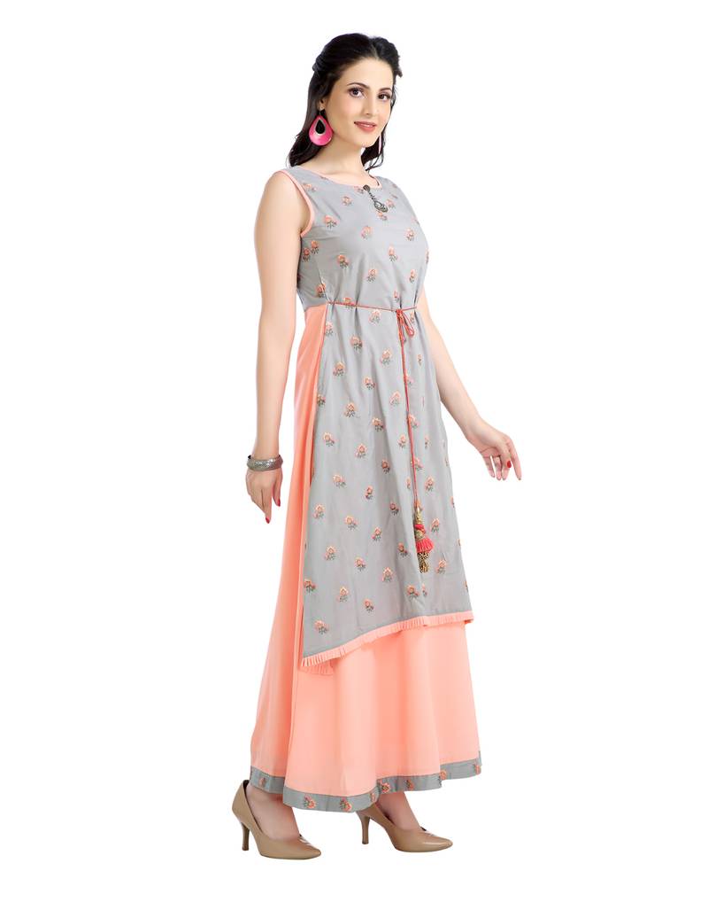 women Straight Embroidered Modal Red Kurti