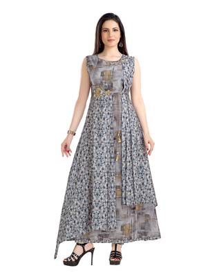 women Straight Printed Polyester Grey Kurti 1