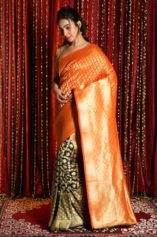 Orange hand woven banarasi saree with blouse