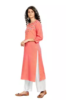 Peach Embroidered Rayon Embroidered-Kurtis