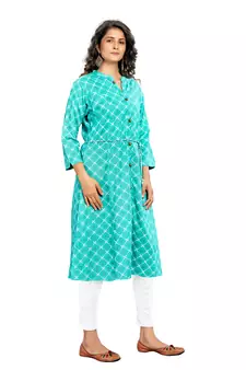 Sea-Green Printed Rayon Ethnic-Kurtis