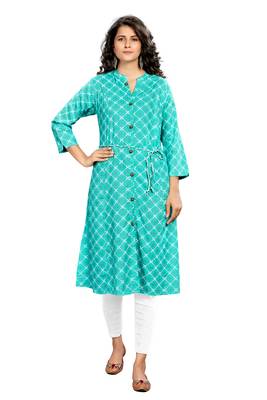 Sea-Green Printed Rayon Ethnic-Kurtis 1