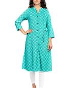 Sea-Green Printed Rayon Ethnic-Kurtis