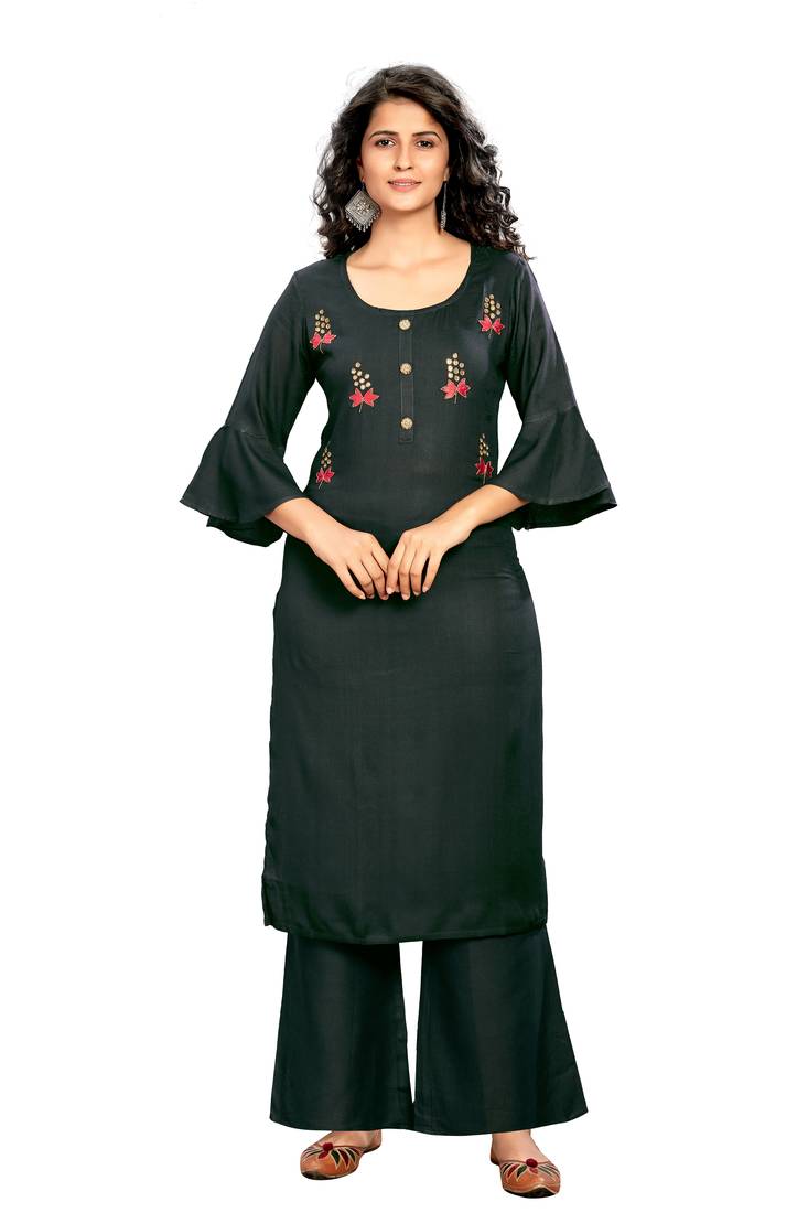 Dark-grey embroidered rayon kurtas-and-kurtis