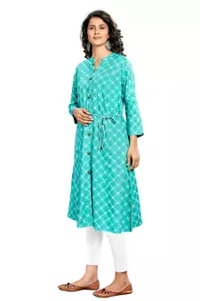 Sea-Green Printed Rayon Ethnic-Kurtis