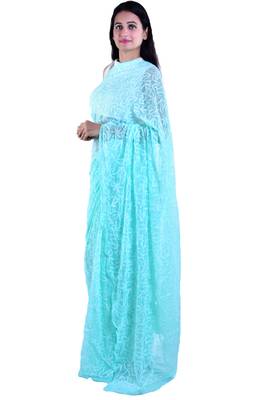 Lavangi Light Sea Green Hand Embroidered Lucknow Chikan Tepchi WorK Faux Georgette Saree with Blouse 2