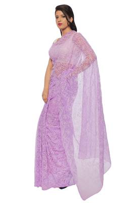 Lavangi Mauve Hand Embroidered Lucknow Chikan Tepchi WorK Faux Georgette Saree with Blouse 3