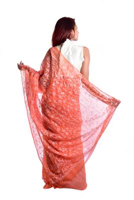 Lavangi Orange Hand Embroidered Lucknow Chikan Tepchi WorK Faux Georgette Saree with Blouse 2