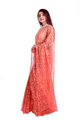 Lavangi Orange Hand Embroidered Lucknow Chikan Tepchi WorK Faux Georgette Saree with Blouse 3