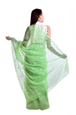 Lavangi Light green Hand Embroidered Lucknow Chikan Tepchi WorK Faux Georgette Saree with Blouse 2