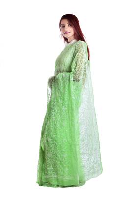 Lavangi Light green Hand Embroidered Lucknow Chikan Tepchi WorK Faux Georgette Saree with Blouse 3