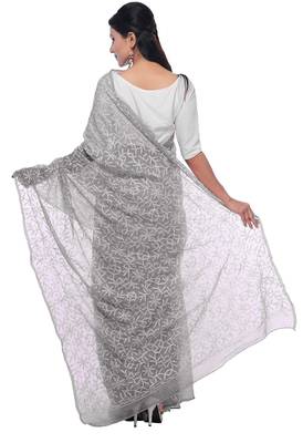 Lavangi Grey Hand Embroidered Lucknow Chikan Tepchi WorK Faux Georgette Saree with Blouse 2