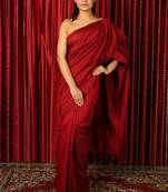 Dark red plain blended cotton saree with blouse