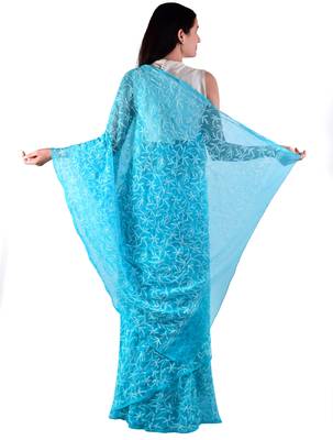 Lavangi Turquoise Hand Embroidered Lucknow Chikan Tepchi WorK Faux Georgette Saree with Blouse 2