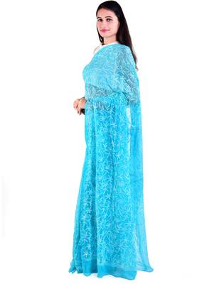 Lavangi Turquoise Hand Embroidered Lucknow Chikan Tepchi WorK Faux Georgette Saree with Blouse 3