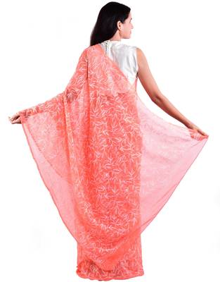 Lavangi Peach Hand Embroidered Lucknow Chikan Tepchi WorK Faux Georgette Saree with Blouse 2