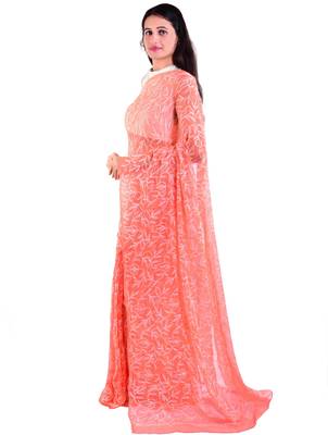 Lavangi Peach Hand Embroidered Lucknow Chikan Tepchi WorK Faux Georgette Saree with Blouse 3