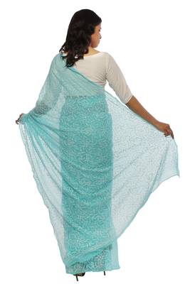 Lavangi Sea Green Hand Embroidered Lucknow Chikan Tepchi WorK Faux Georgette Saree with Blouse 2